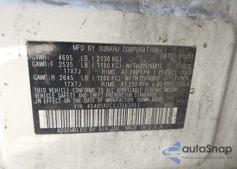 2018 Subaru Outback 2.5I Premium z USA, uszkodzony, nr VIN 4S4BSADC2J3263051